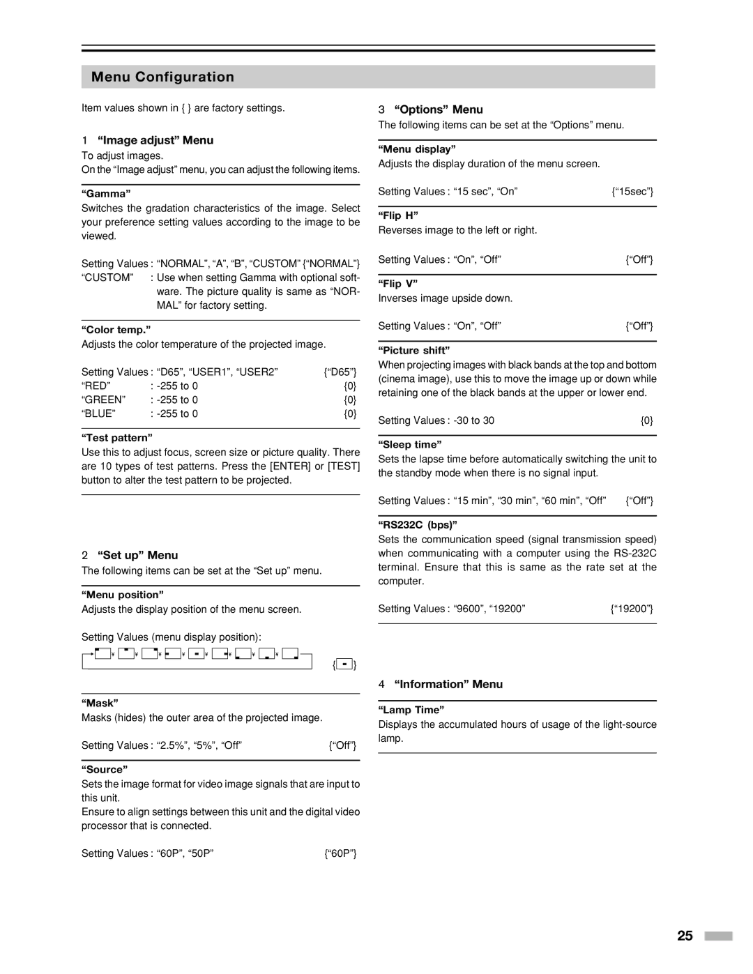 Meridian Audio DILA1080pHD warranty Menu Configuration, Image adjust Menu, Set up Menu, Options Menu, Information Menu 