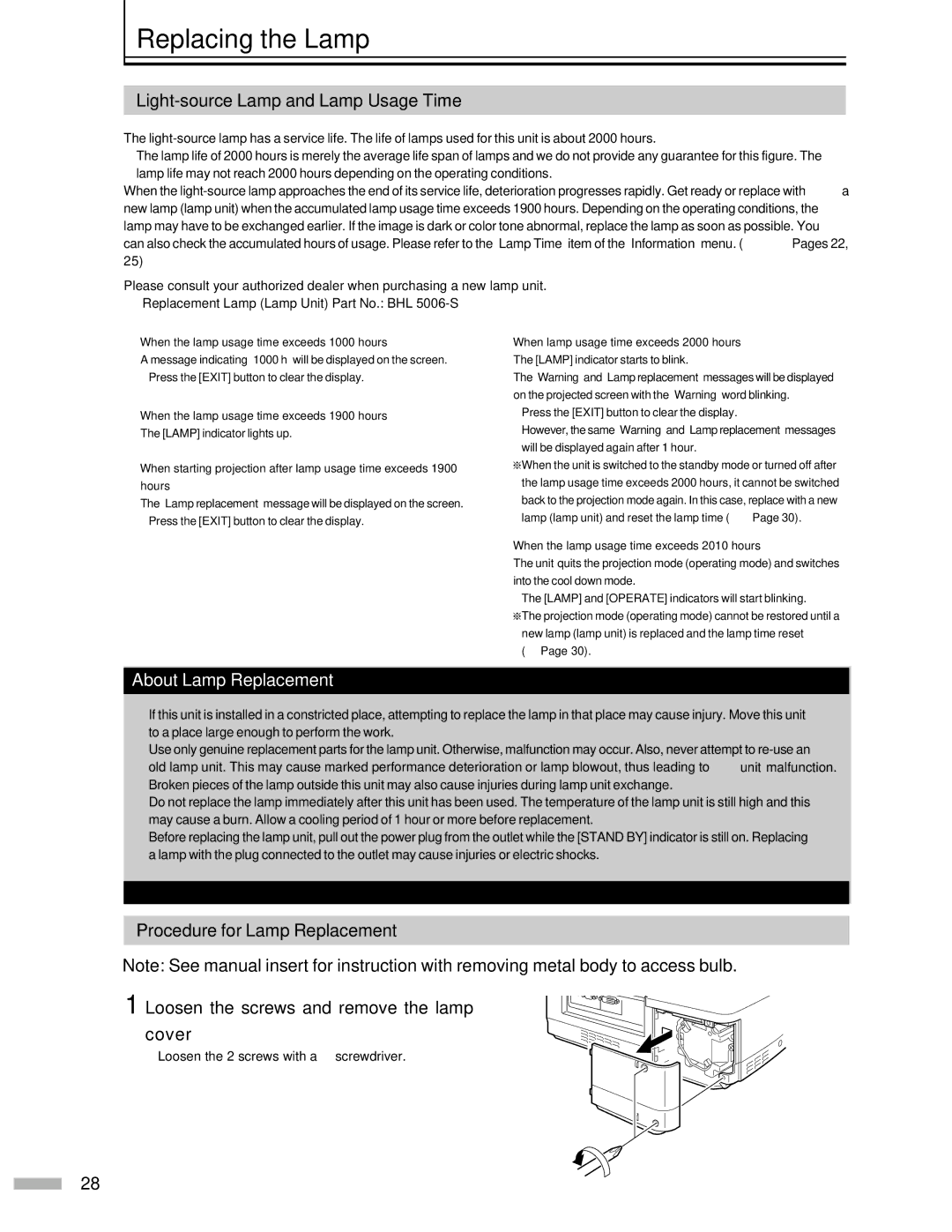 Meridian Audio DILA1080pHD warranty Replacing the Lamp, Light-source Lamp and Lamp Usage Time, About Lamp Replacement 