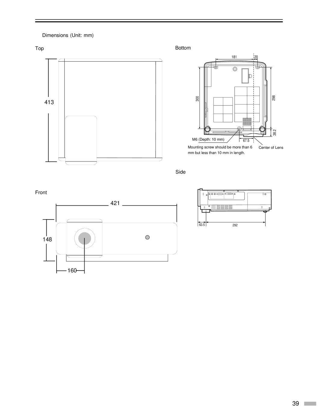 Meridian Audio DILA1080pHD warranty  Dimensions Unit mm Top, Bottom, Side Front 