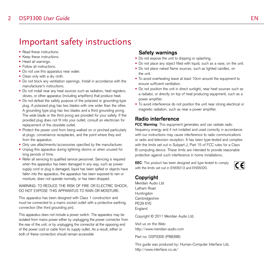 Meridian Audio DSP3300 manual Safety warnings, Radio interference, Copyright 