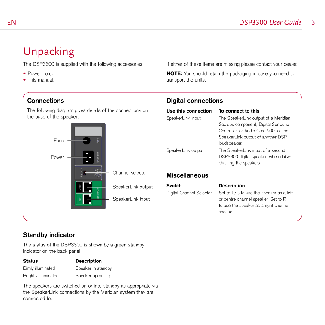 Meridian Audio DSP3300 manual Unpacking, Connections, Standby indicator, Digital connections, Miscellaneous 