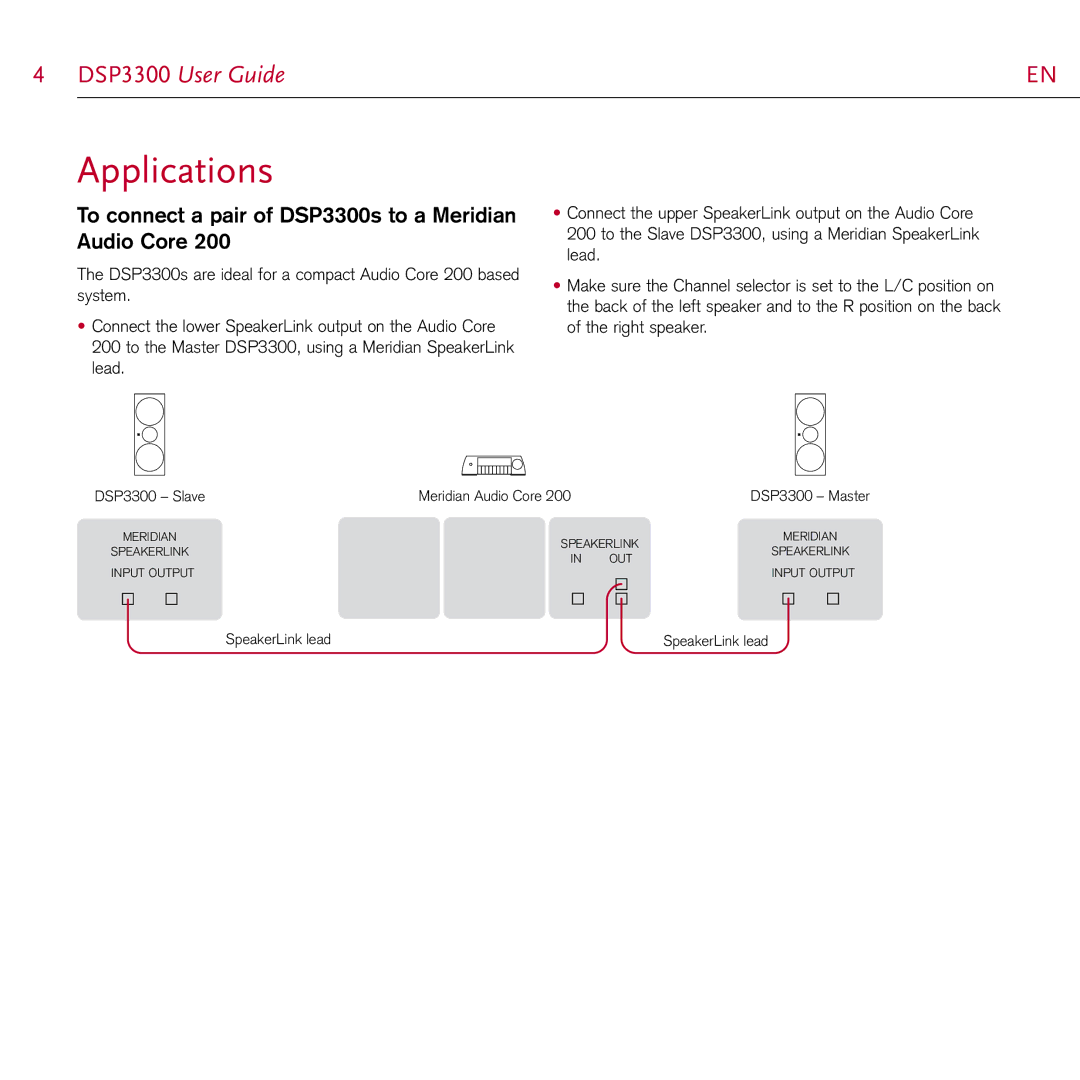 Meridian Audio manual Applications, To connect a pair of DSP3300s to a Meridian Audio Core 