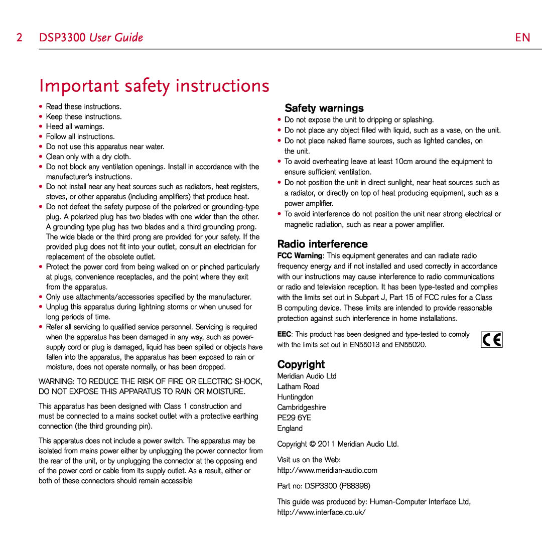 Meridian Audio Important safety instructions,  DSP3300 User Guide, Safety warnings, Radio interference, Copyright 