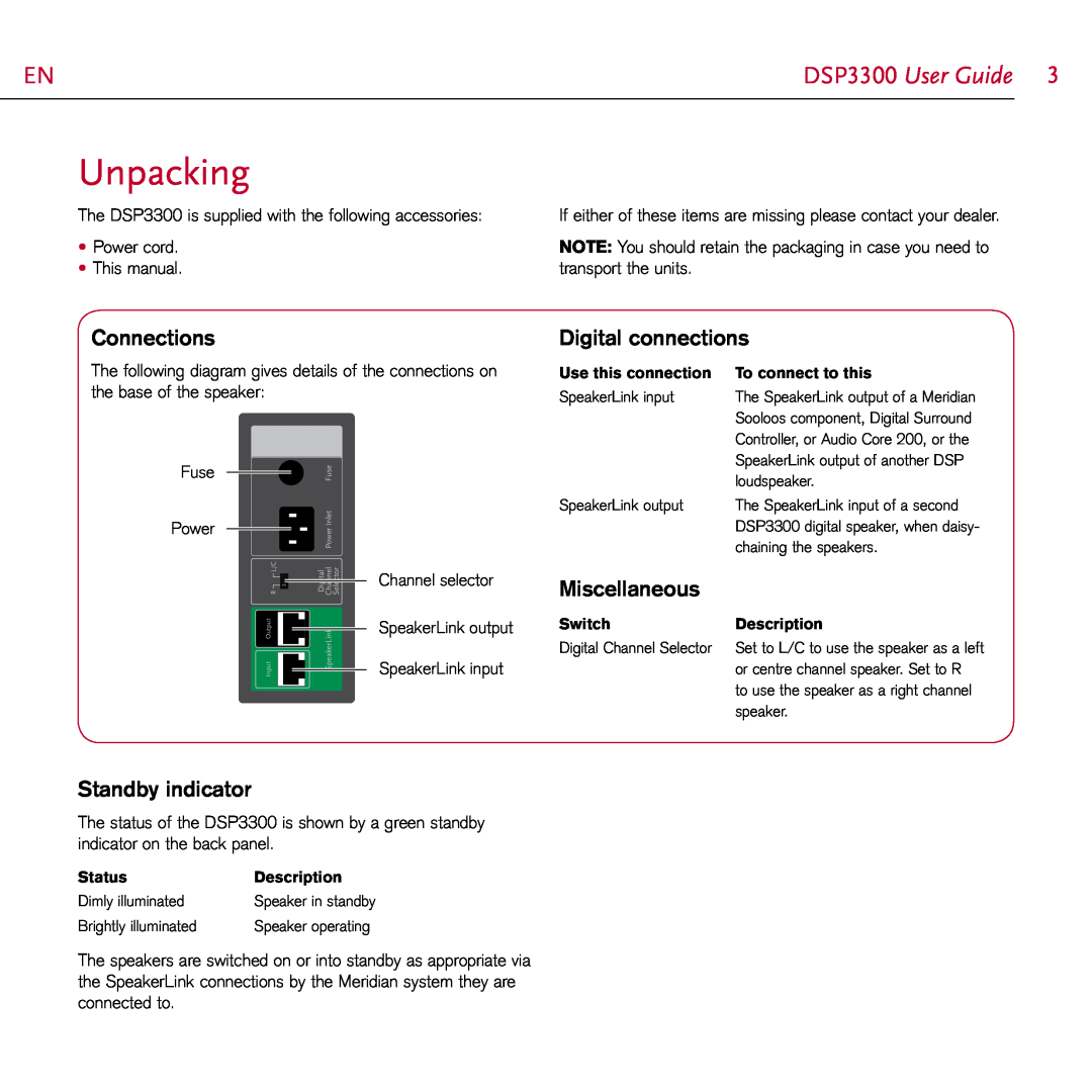 Meridian Audio manual Unpacking, Connections, Standby indicator, Digital connections, Miscellaneous, DSP3300 User Guide 