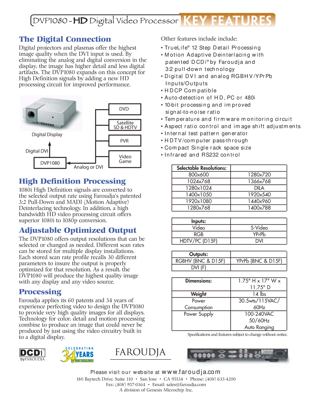 Meridian Audio DVP 1080 manual Digital Connection, High Definition Processing, Adjustable Optimized Output 