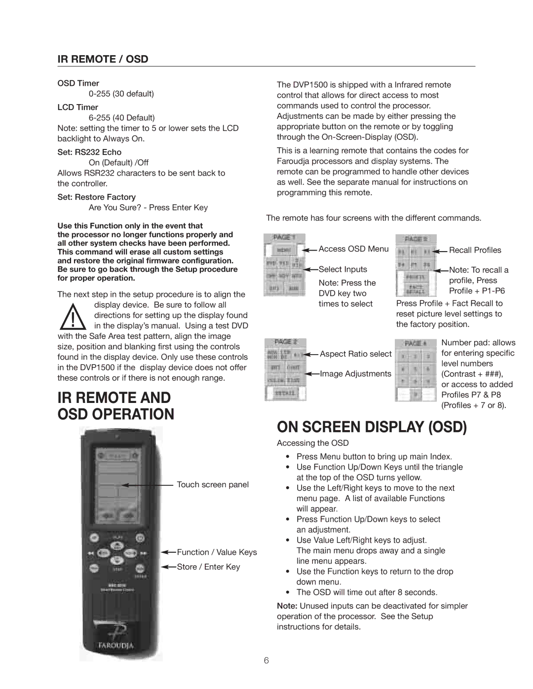 Meridian Audio DVP1500 manual IR Remote OSD Operation, On Screen Display OSD, IR Remote / OSD 