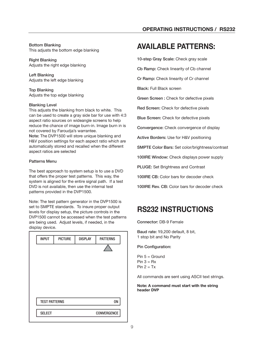 Meridian Audio DVP1500 manual Available Patterns, RS232 Instructions, Operating Instructions / RS232 