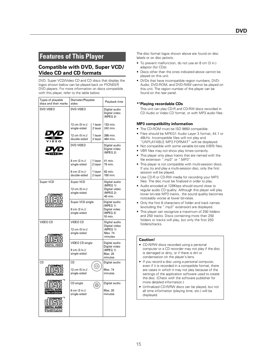 Meridian Audio DVP1500 manual Dvd, Playing recordable CDs, MP3 compatibility information 