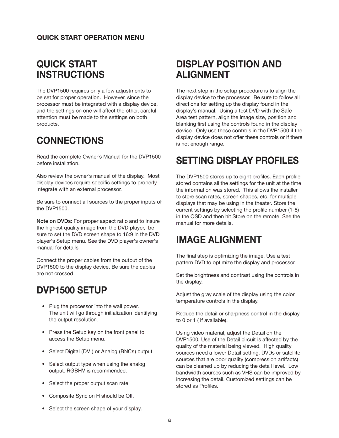 Meridian Audio Quick Start Instructions, Connections, DVP1500 Setup, Display Position and Alignment, Image Alignment 