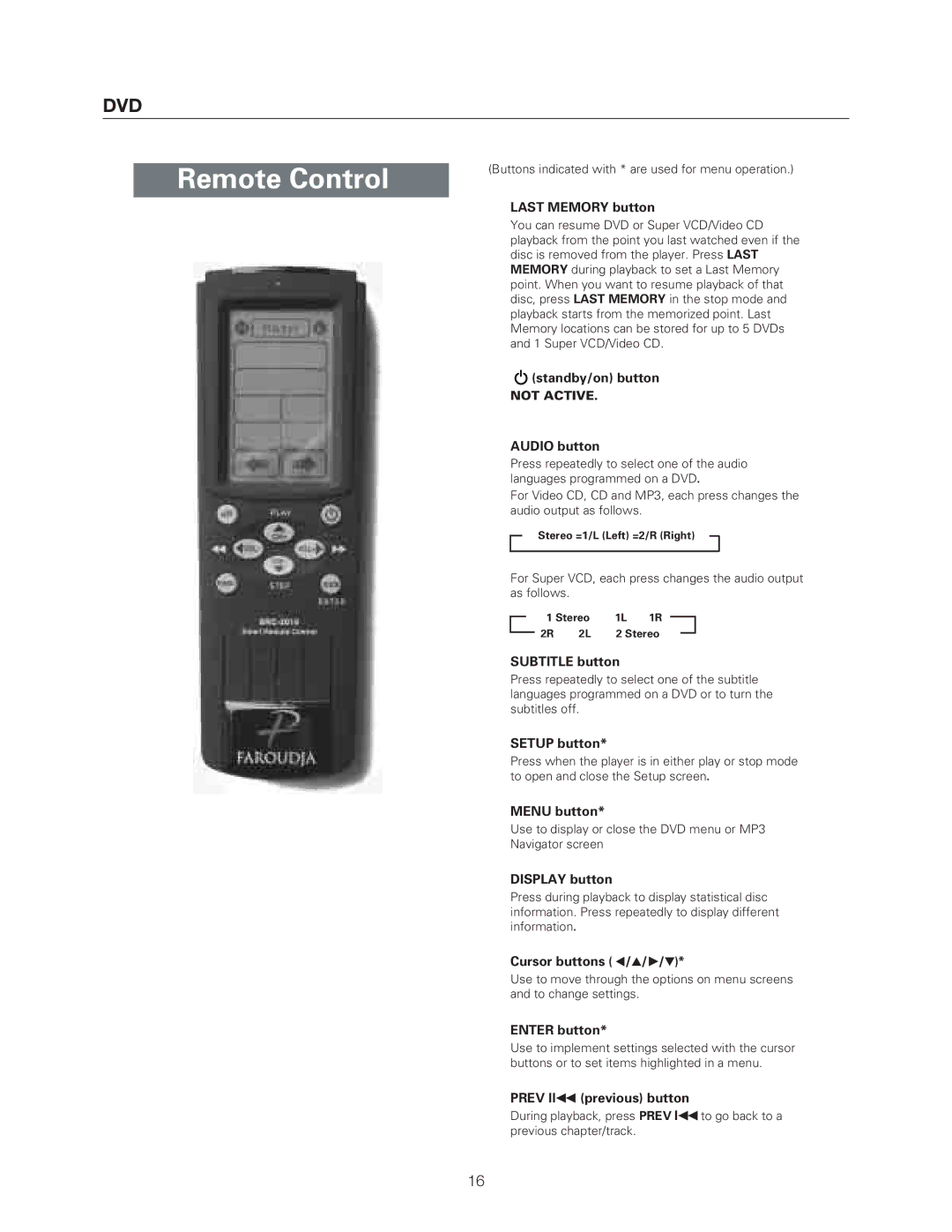 Meridian Audio DVP1500 manual Remote Control 