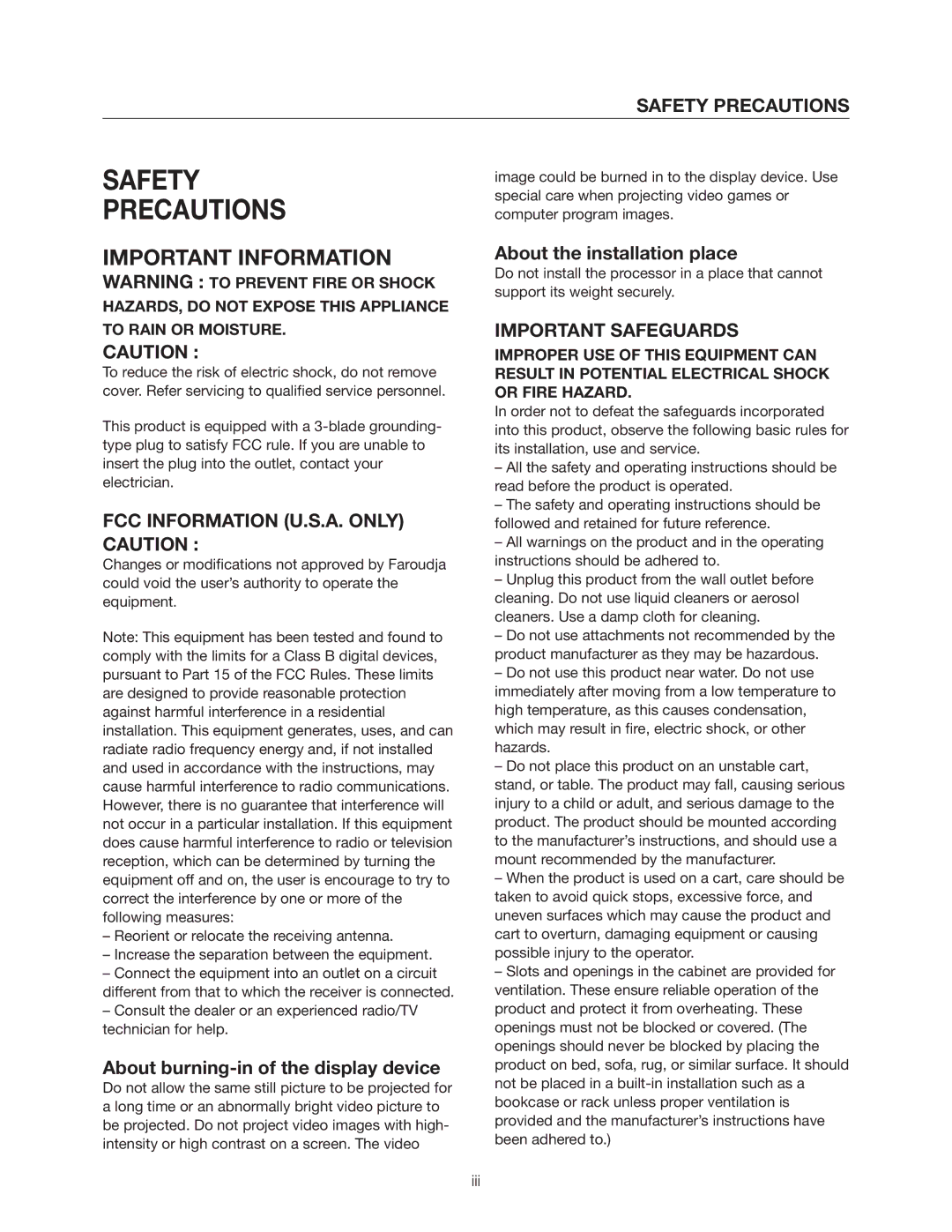 Meridian Audio DVP1500 manual Safety Precautions, FCC Information U.S.A. only, Important Safeguards 