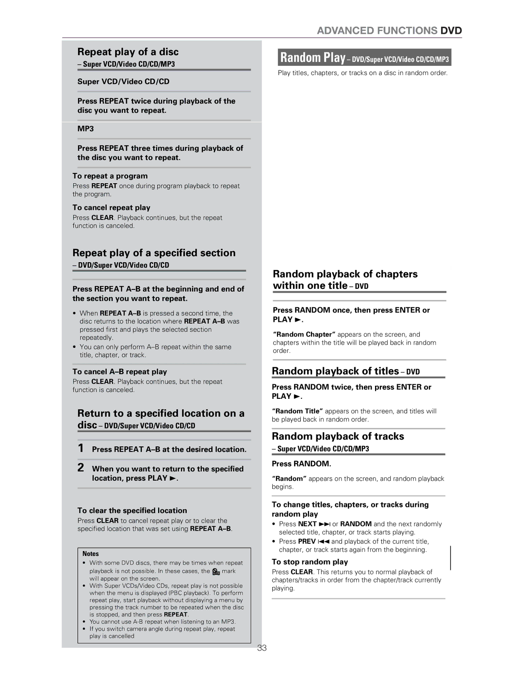 Meridian Audio DVP1500 manual To cancel repeat play, Press Random once, then press Enter or Play, To cancel A-B repeat play 