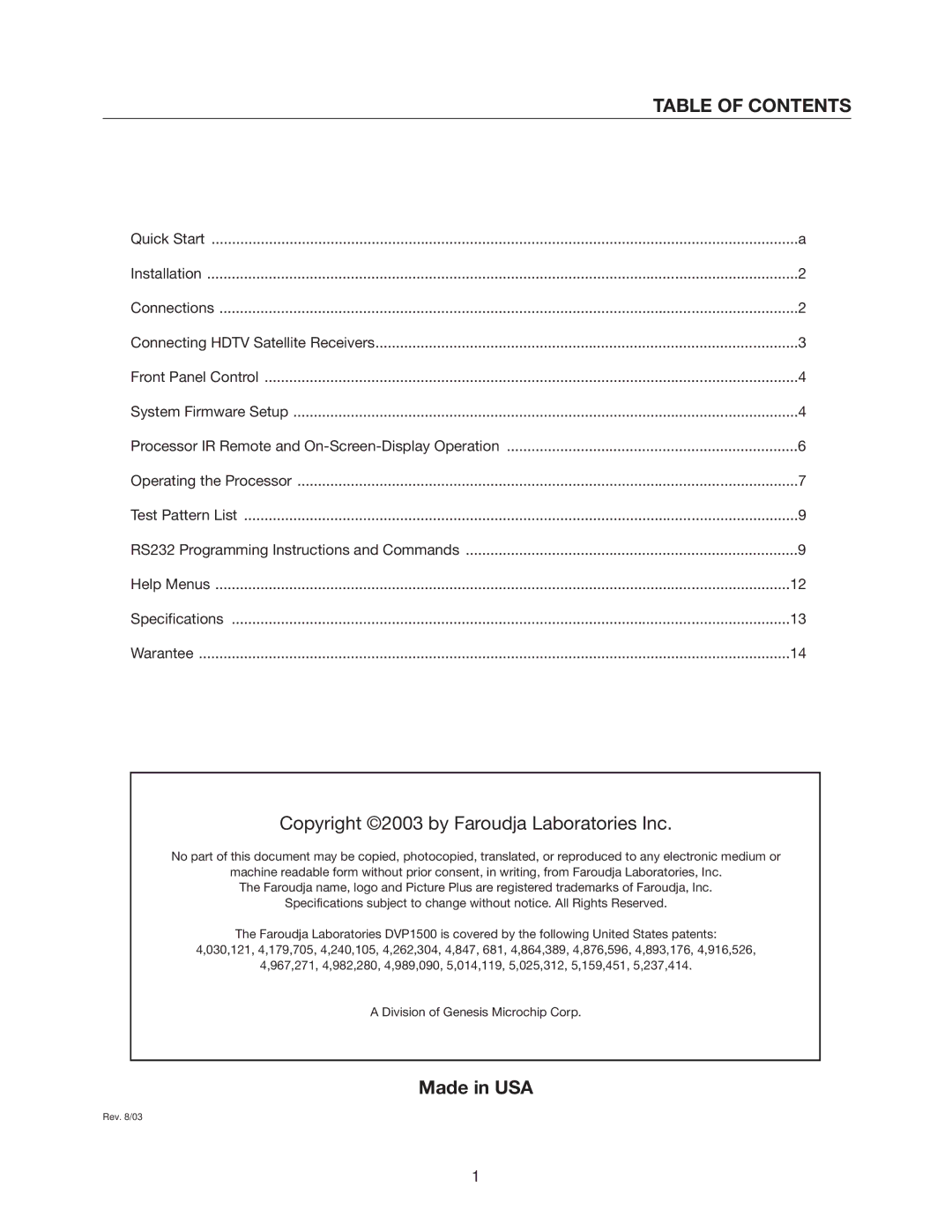 Meridian Audio DVP1500 manual Table of Contents 