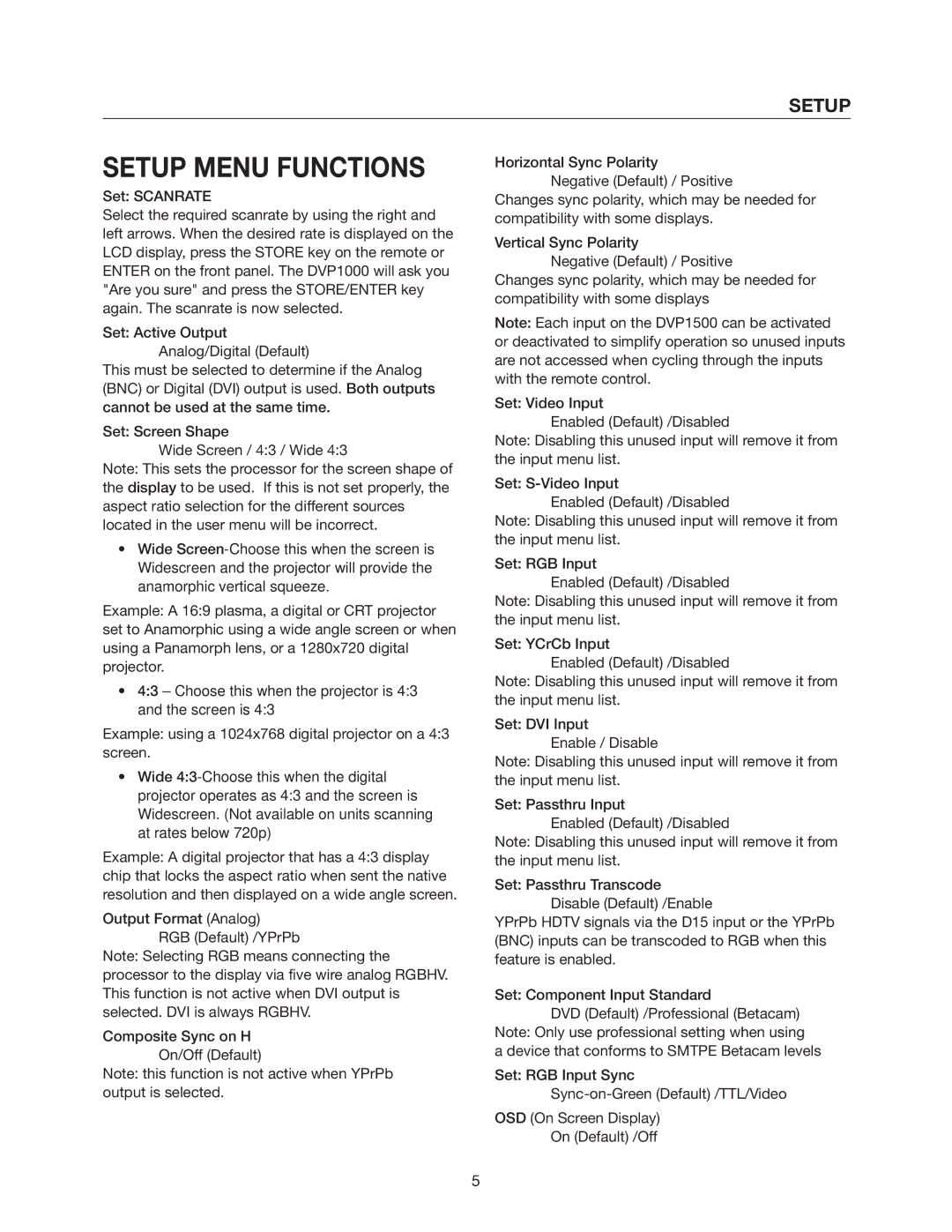 Meridian Audio DVP1500 manual Setup Menu Functions, Set Scanrate 