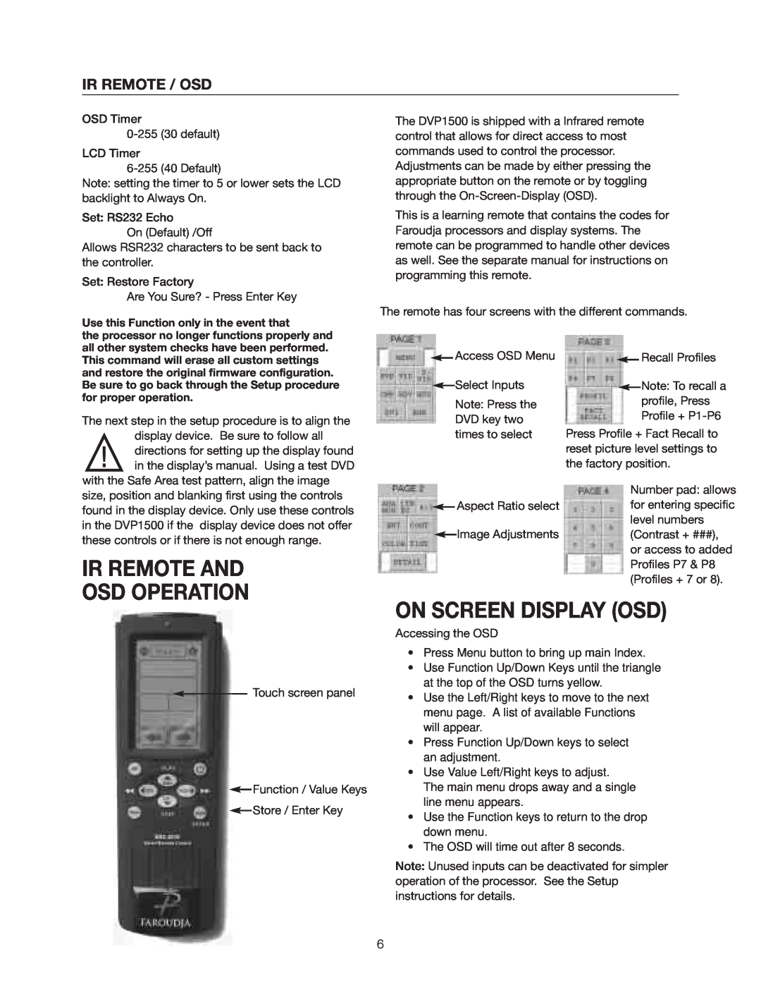 Meridian Audio DVP1500 manual Ir Remote And Osd Operation, On Screen Display Osd, Ir Remote / Osd 