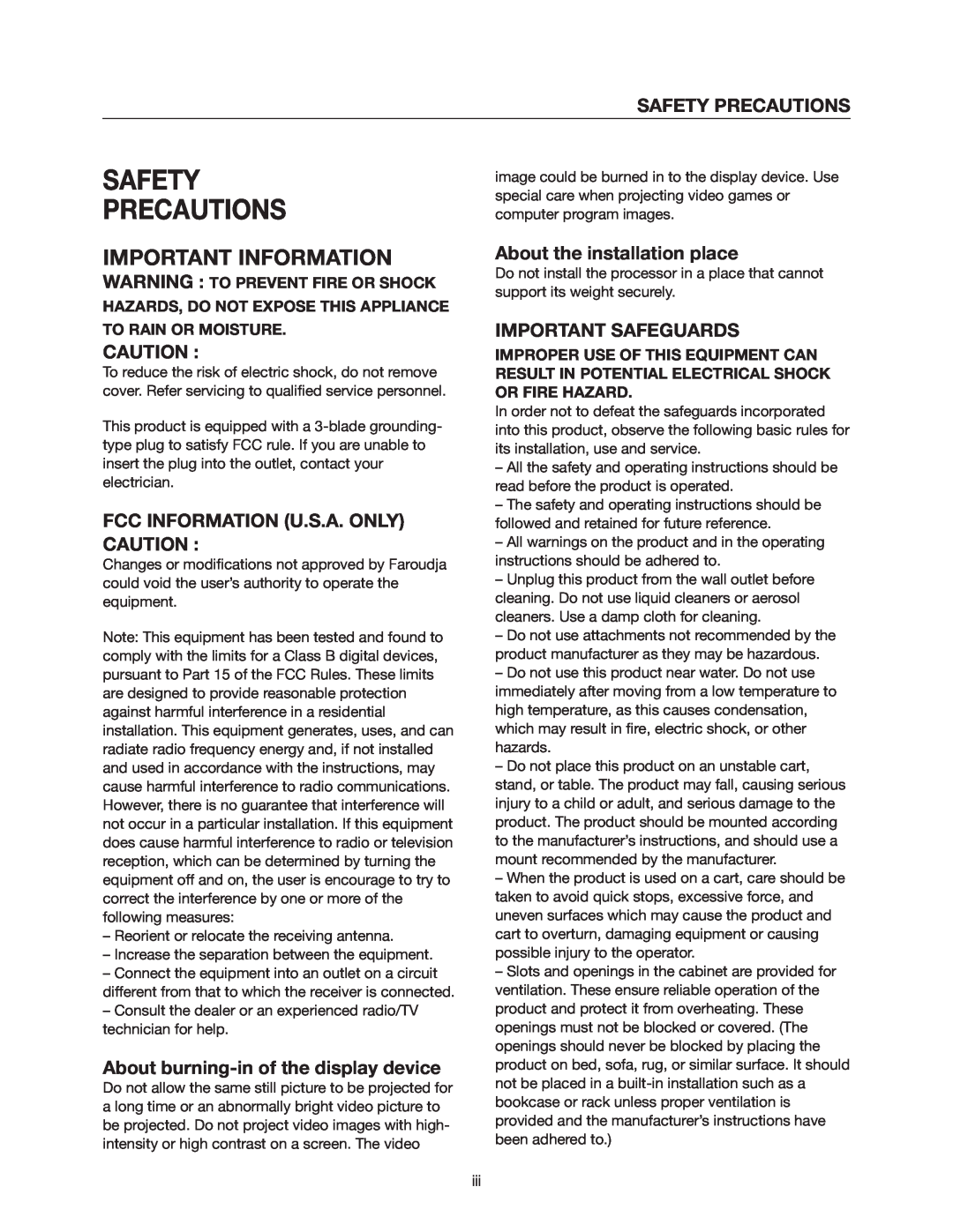 Meridian Audio DVP1500 manual Safety Precautions, Important Information, Fcc Information U.S.A. Only, Important Safeguards 