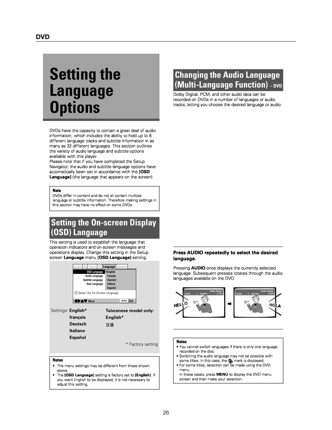 Meridian Audio DVP1500 manual Setting the Language Options, Changing the Audio Language Multi-Language Function - DVD 