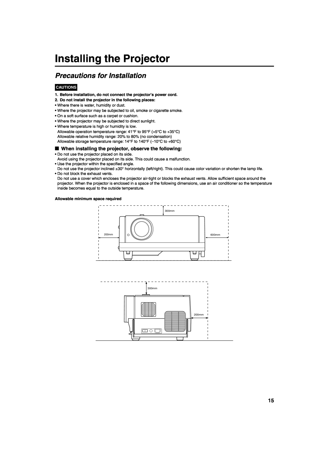 Meridian Audio FDP-DILA2 warranty Installing the Projector, Precautions for Installation, Cautions 