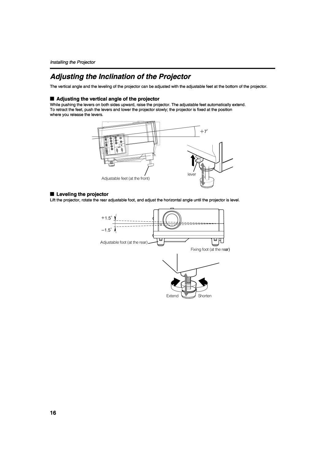 Meridian Audio FDP-DILA2 warranty Adjusting the Inclination of the Projector, Adjusting the vertical angle of the projector 