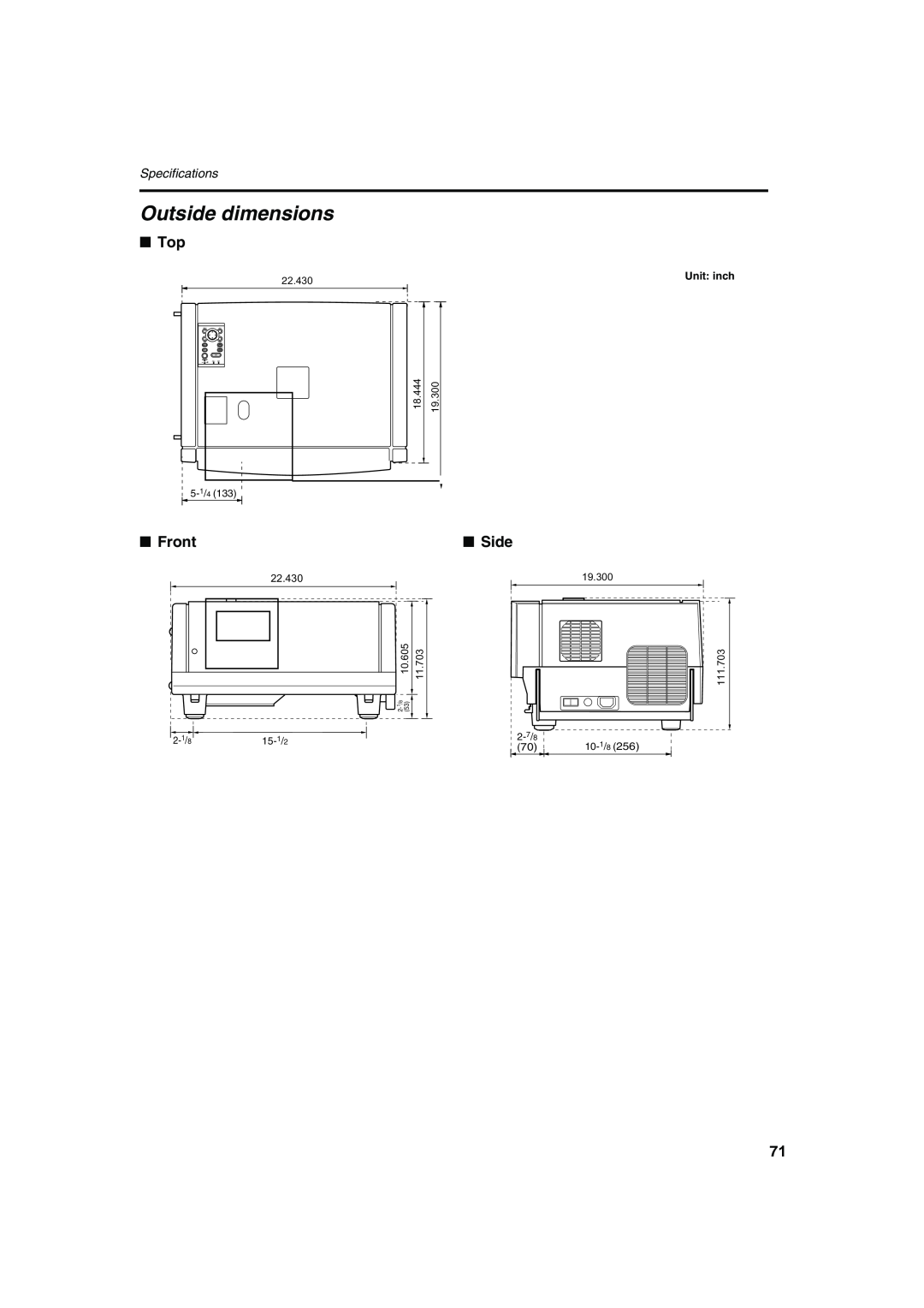 Meridian Audio FDP-DILA2 warranty Front, Side, Specifications, 22.430, 18.444, 19.300, 10.605, 11.703 