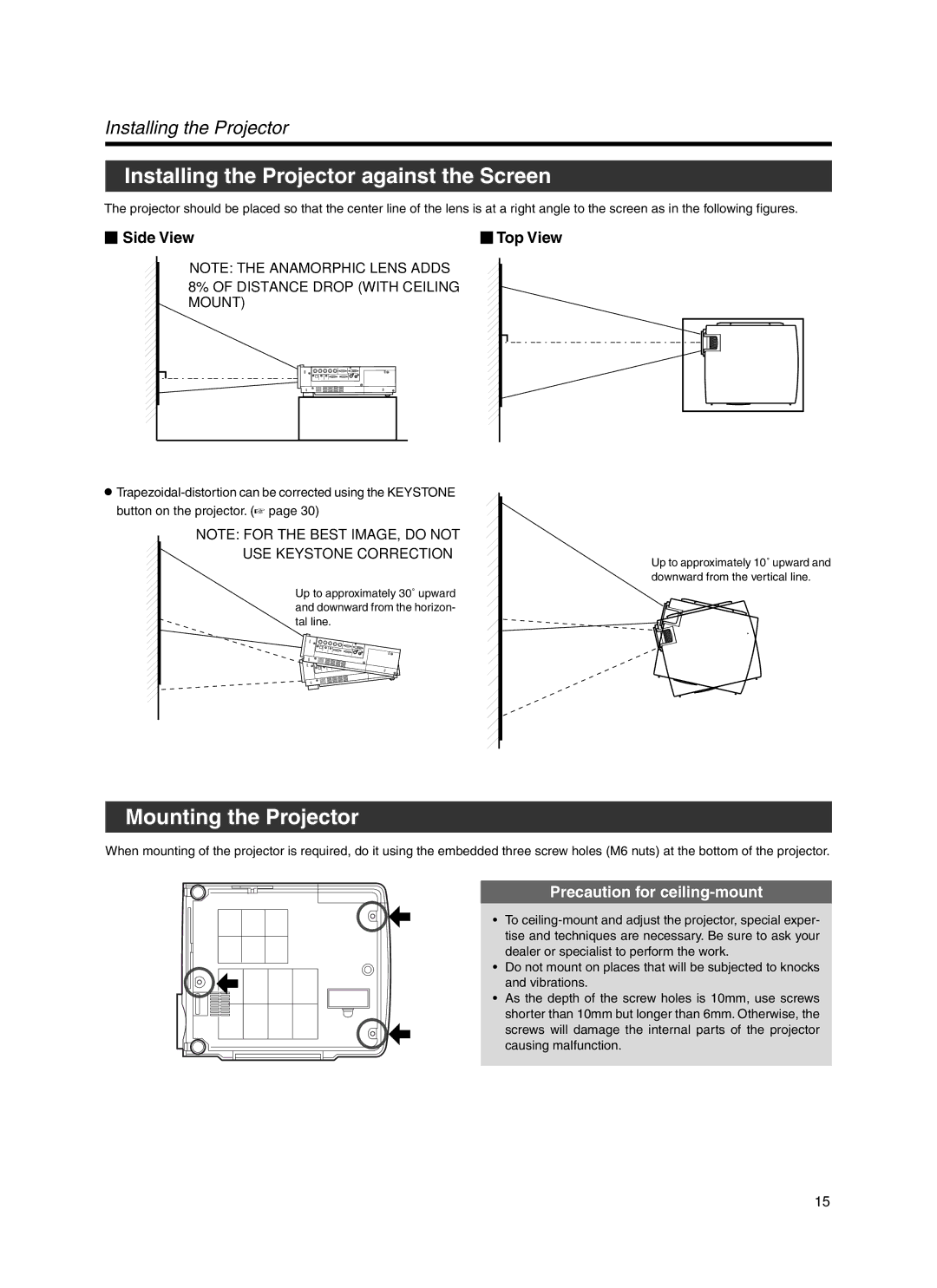 Meridian Audio FDP-DILA3 warranty Installing the Projector against the Screen, Mounting the Projector,  Side View 