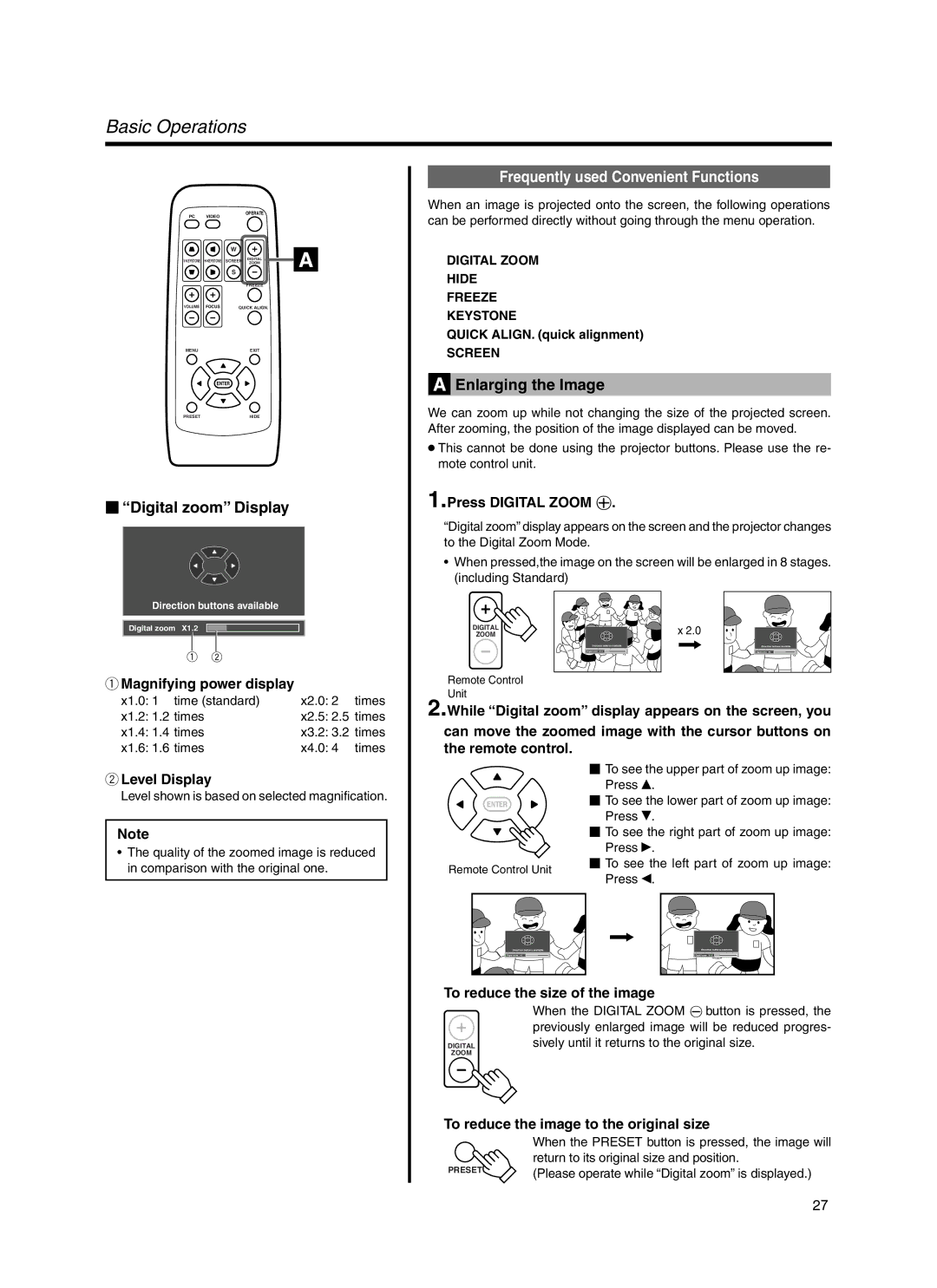 Meridian Audio FDP-DILA3 warranty  Digital zoom Display, Frequently used Convenient Functions, Enlarging the Image 