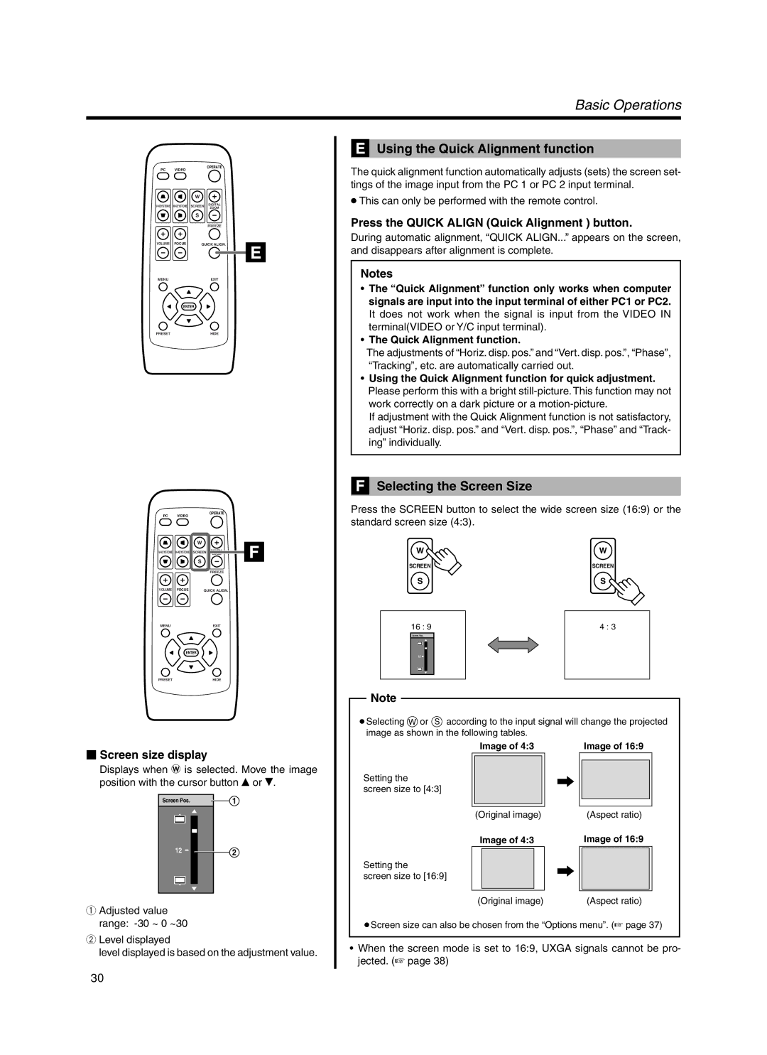 Meridian Audio FDP-DILA3 warranty Using the Quick Alignment function, Selecting the Screen Size,  Screen size display 