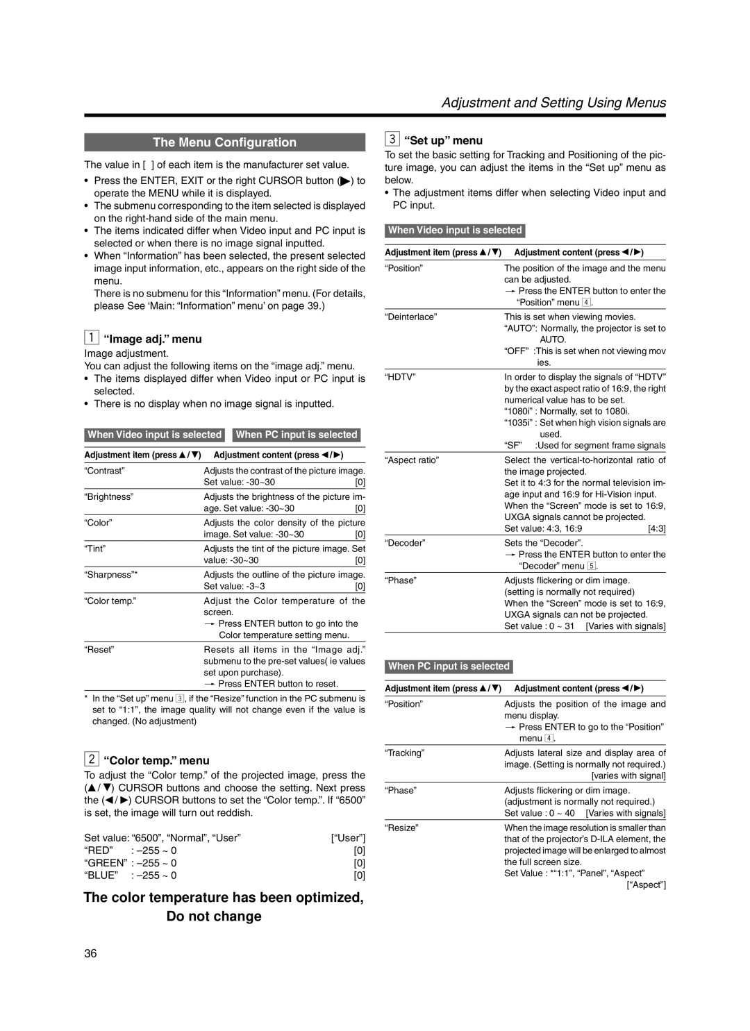 Meridian Audio FDP-DILA3 warranty Menu Configuration, Image adj. menu, Color temp. menu, Set up menu 