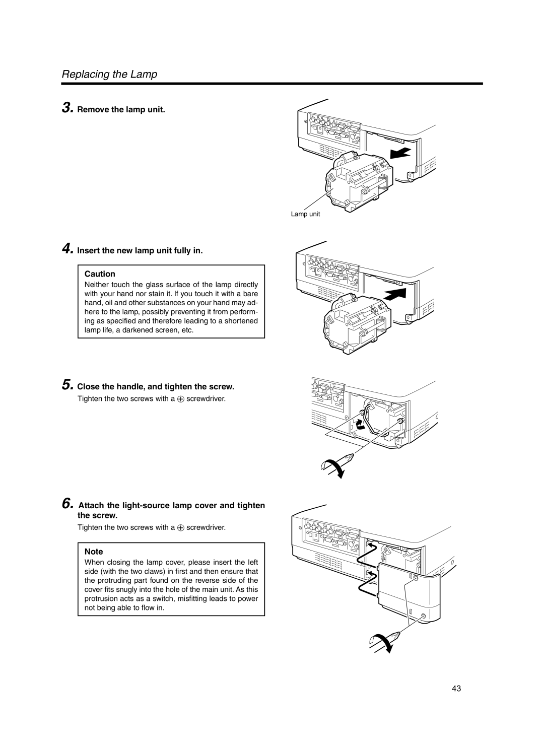 Meridian Audio FDP-DILA3 warranty Replacing the Lamp, Remove the lamp unit, Insert the new lamp unit fully 