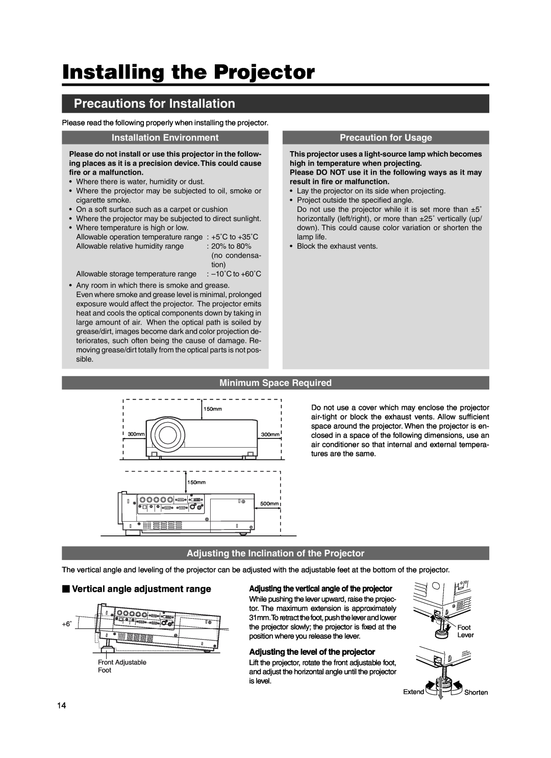 Meridian Audio FDP-DILA3 warranty Installing the Projector, Precautions for Installation, Installation Environment 
