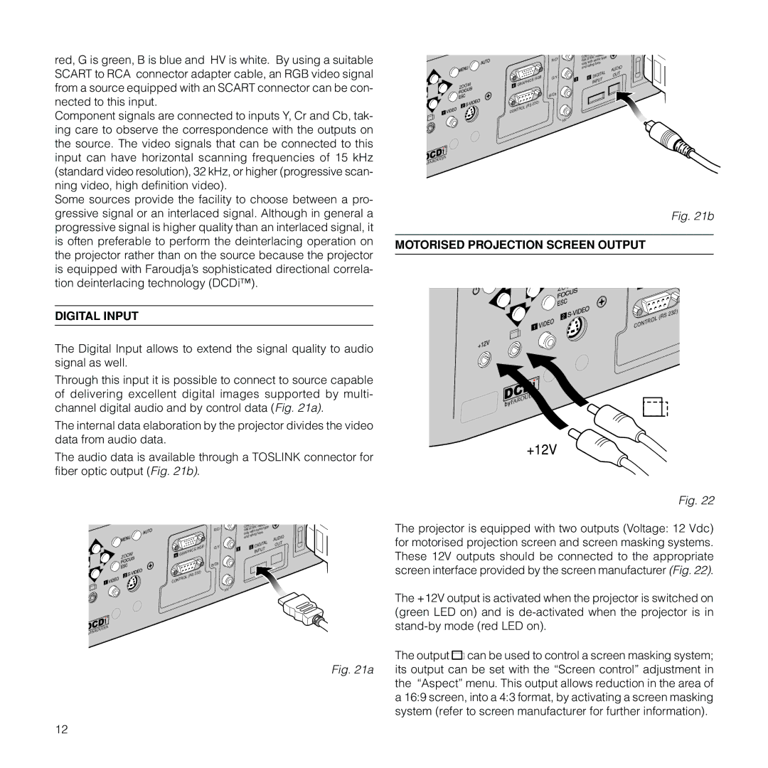 Meridian Audio FDP-DLPHD20 installation manual Digital Input, Motorised Projection Screen Output 