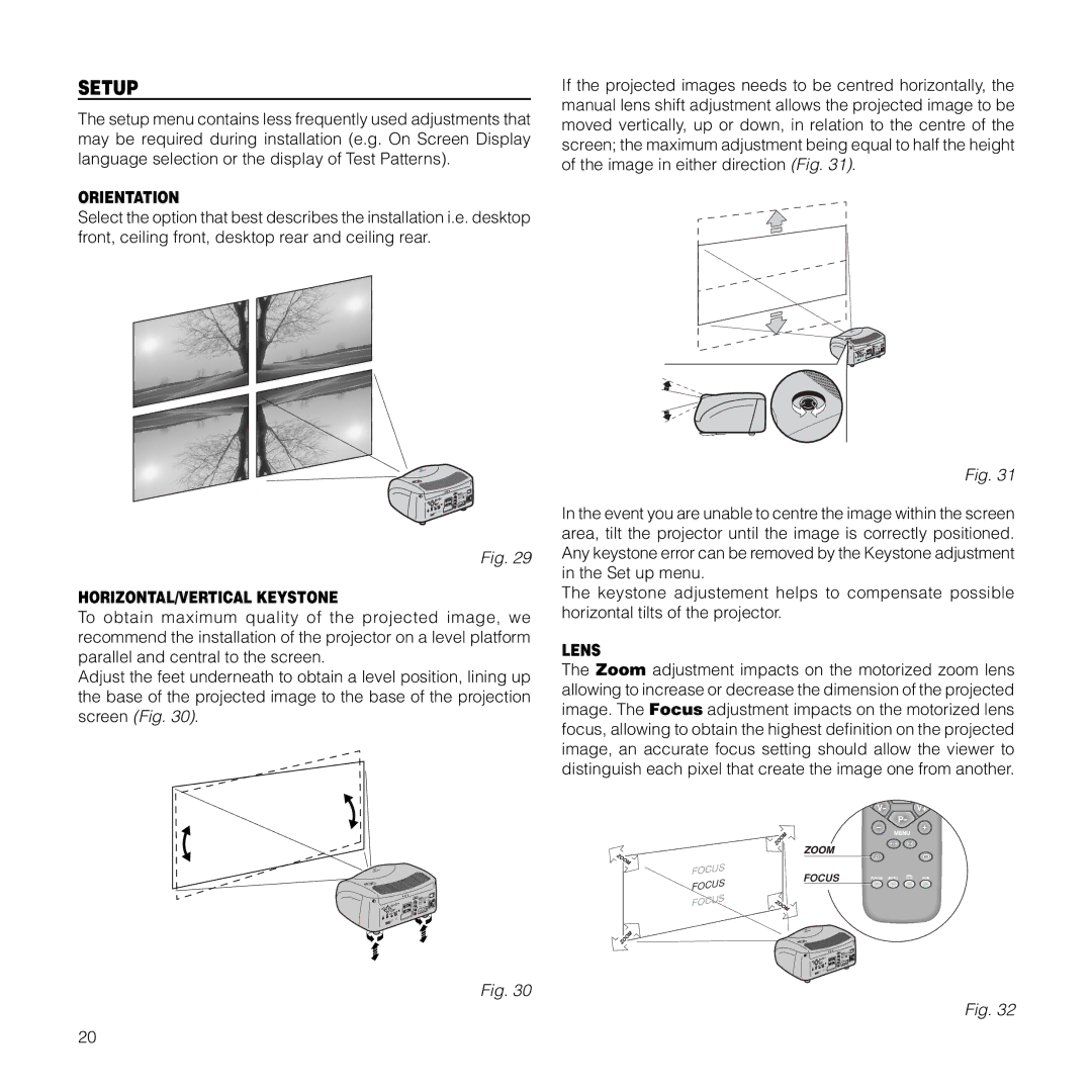 Meridian Audio FDP-DLPHD20 installation manual Orientation, HORIZONTAL/VERTICAL Keystone, Lens 