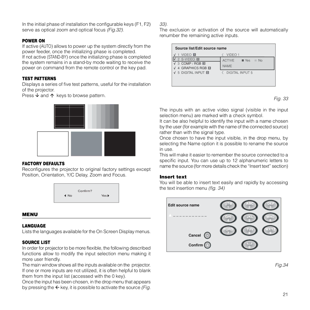 Meridian Audio FDP-DLPHD20 installation manual Power on, Test Patterns, Factory Defaults, Menu Language, Source List 