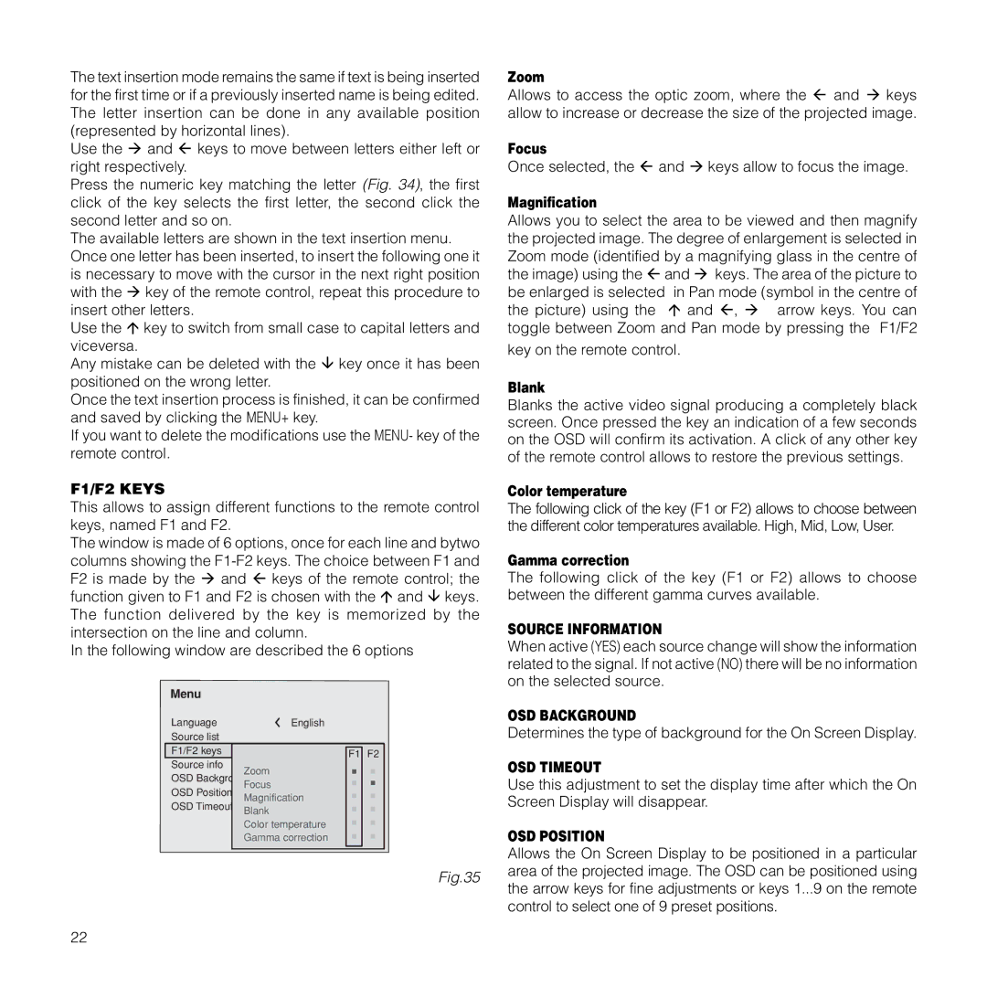 Meridian Audio FDP-DLPHD20 installation manual F1/F2 Keys, Source Information, OSD Background, OSD Timeout, OSD Position 