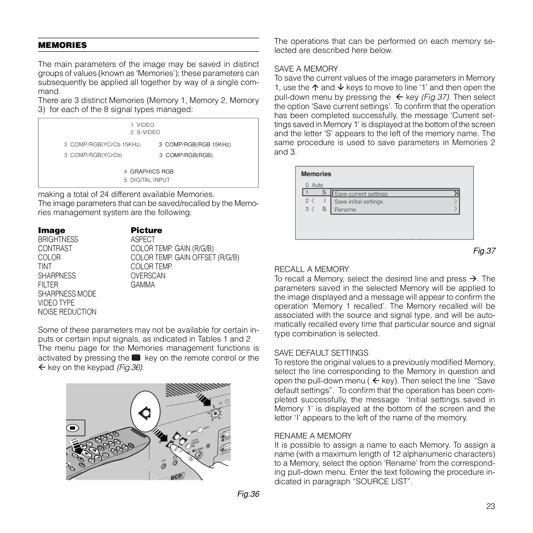 Meridian Audio FDP-DLPHD20 installation manual Memories, Image Picture 