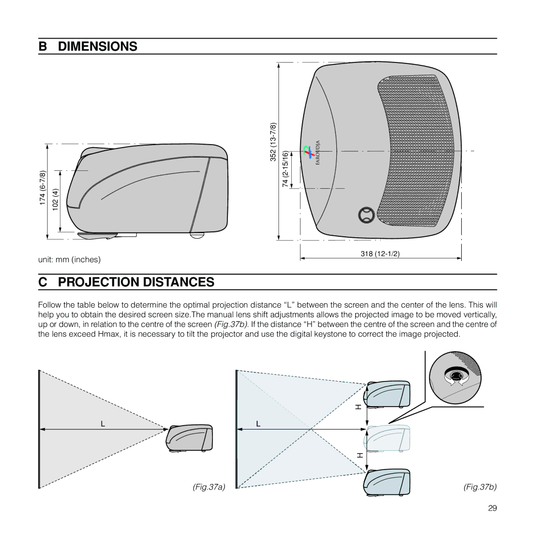 Meridian Audio FDP-DLPHD20 installation manual Dimensions, Projection Distances 