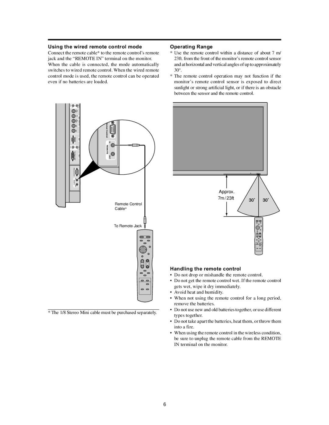 Meridian Audio FPP-50HD20, FPP-42HD20 Using the wired remote control mode, Operating Range, Handling the remote control 