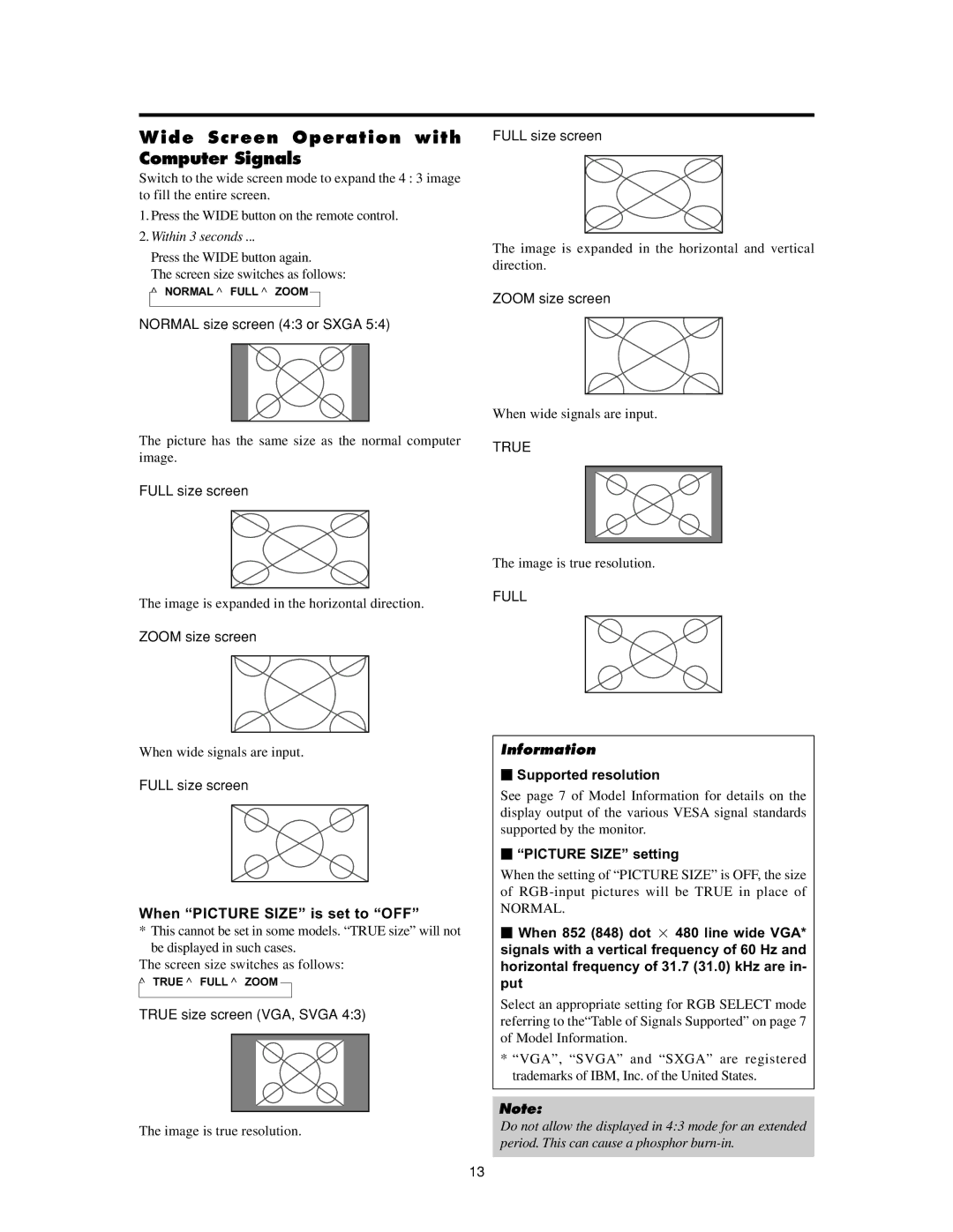 Meridian Audio FPP-42HD20, FPP-50HD20 Wide Screen Operation with Computer Signals, When Picture Size is set to OFF 