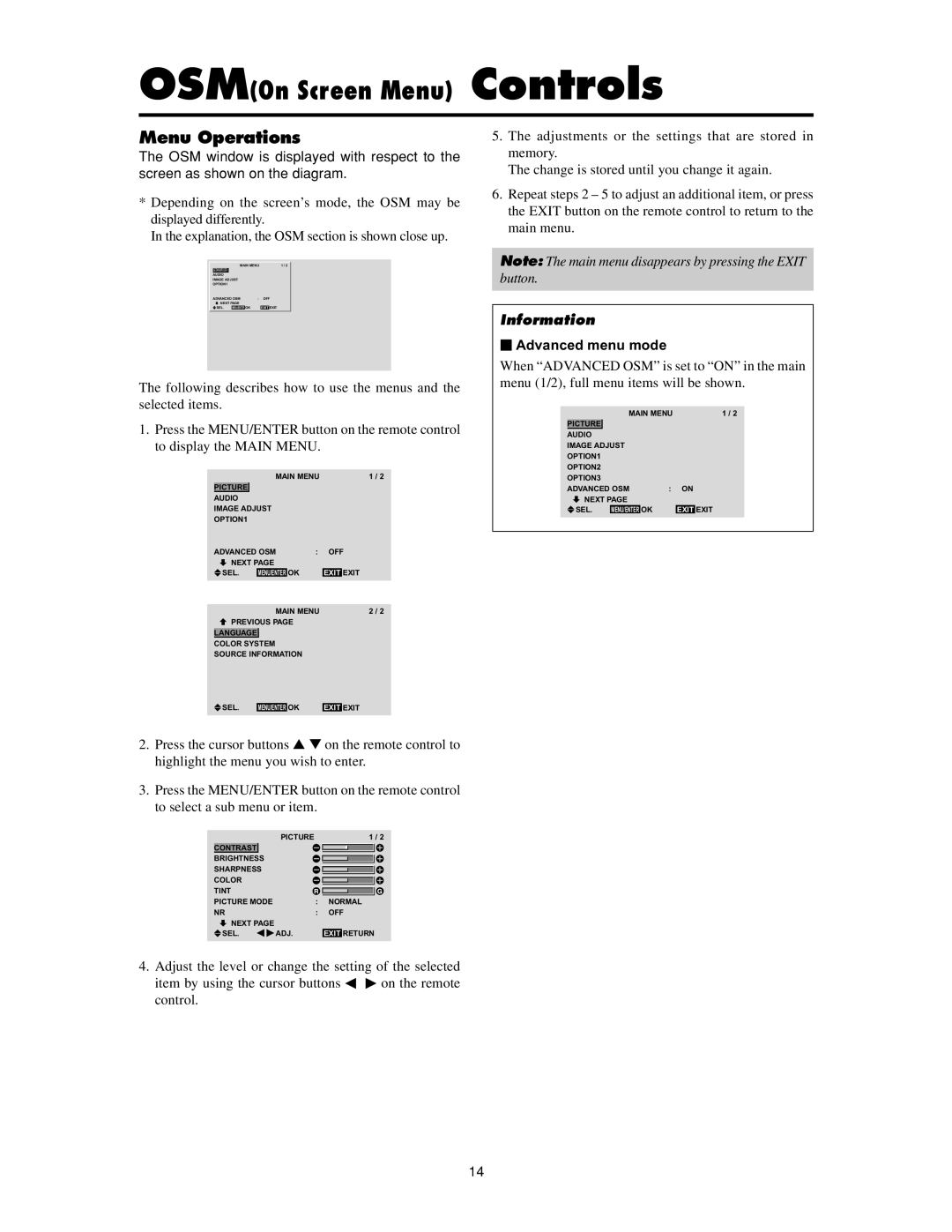 Meridian Audio FPP-61HD20, FPP-50HD20, FPP-42HD20 operation manual Menu Operations,  Advanced menu mode 