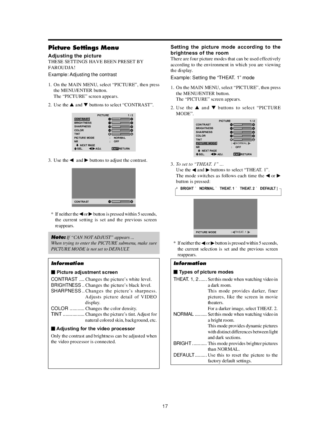 Meridian Audio FPP-61HD20, FPP-50HD20, FPP-42HD20 Picture Settings Menu, Adjusting the picture,  Picture adjustment screen 