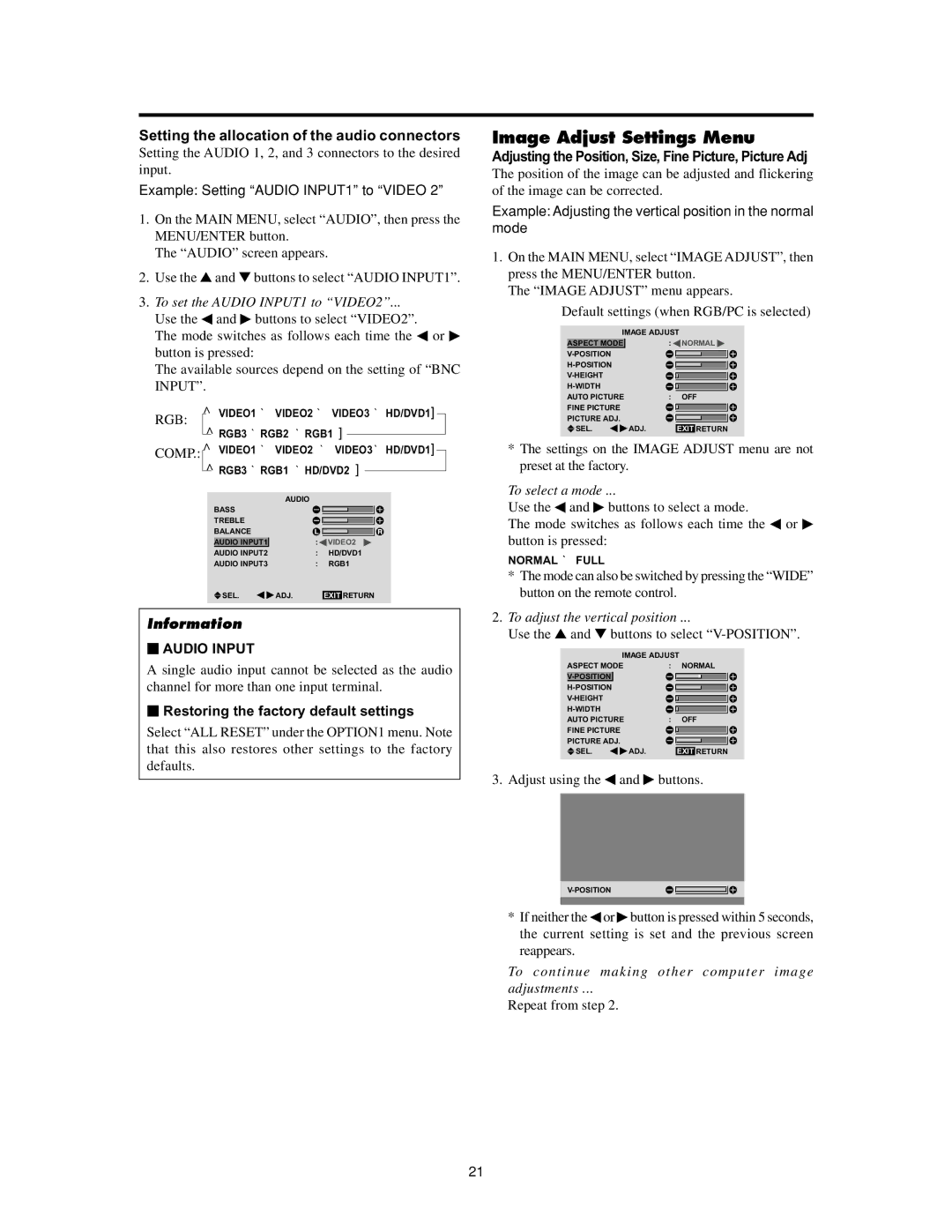 Meridian Audio FPP-50HD20, FPP-42HD20 Image Adjust Settings Menu, Setting the allocation of the audio connectors 