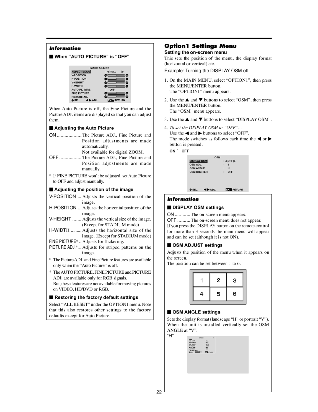 Meridian Audio FPP-42HD20, FPP-50HD20, FPP-61HD20 operation manual Option1 Settings Menu, Setting the on-screen menu 