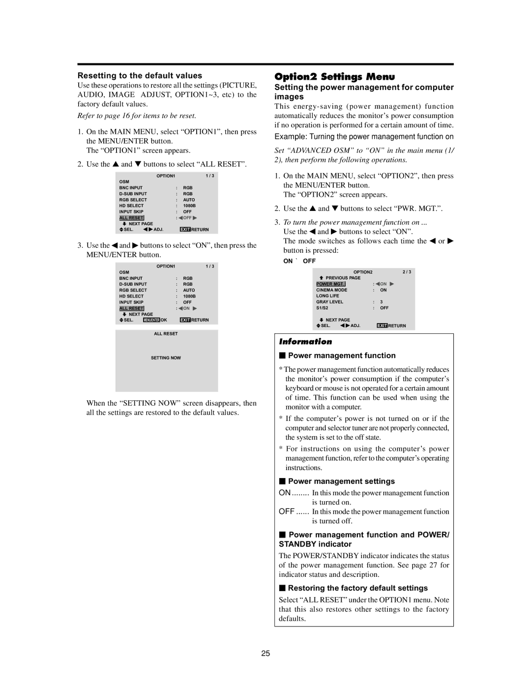 Meridian Audio FPP-42HD20, FPP-50HD20, FPP-61HD20 operation manual Option2 Settings Menu, Resetting to the default values 