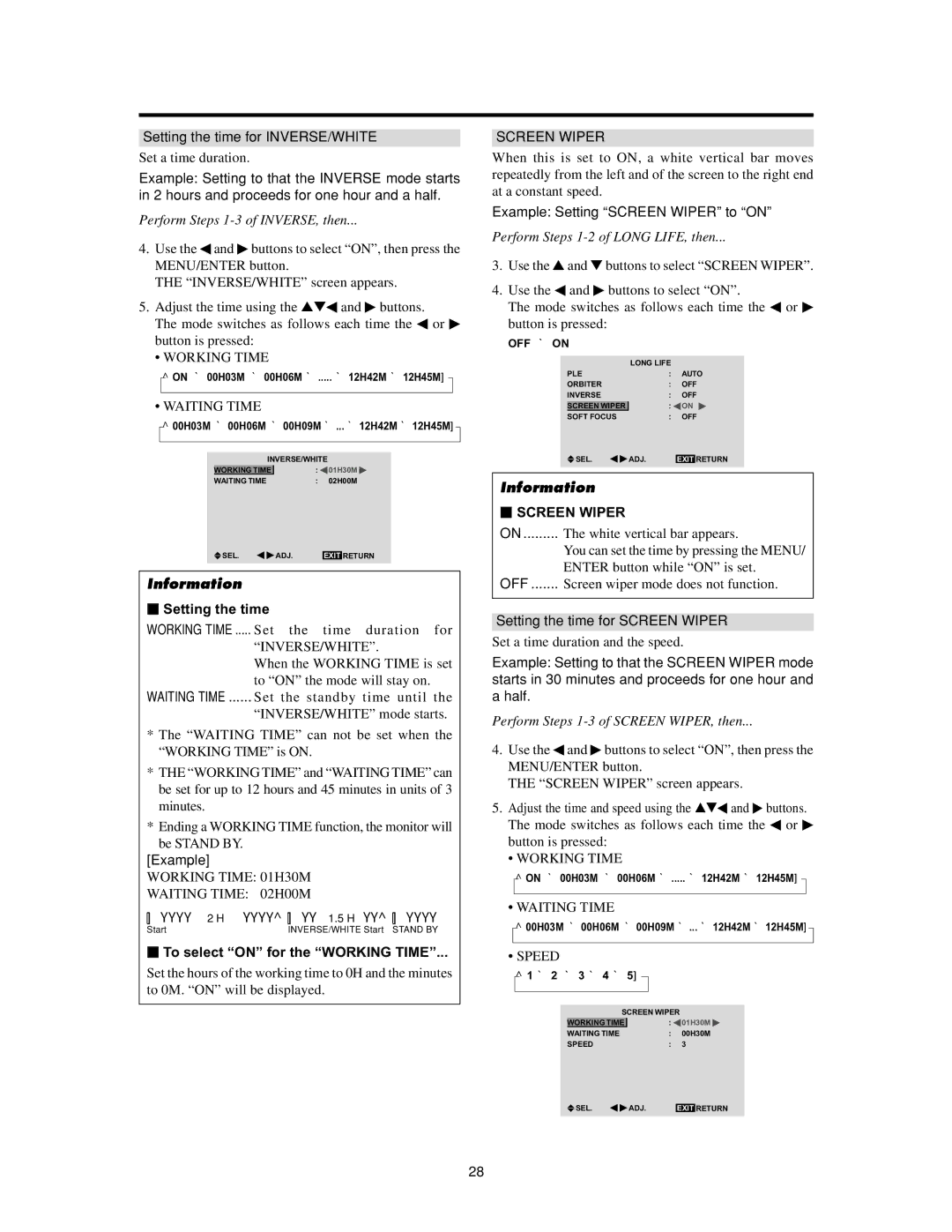 Meridian Audio FPP-42HD20, FPP-50HD20, FPP-61HD20  Setting the time,  To select on for the Working Time, Screen Wiper 