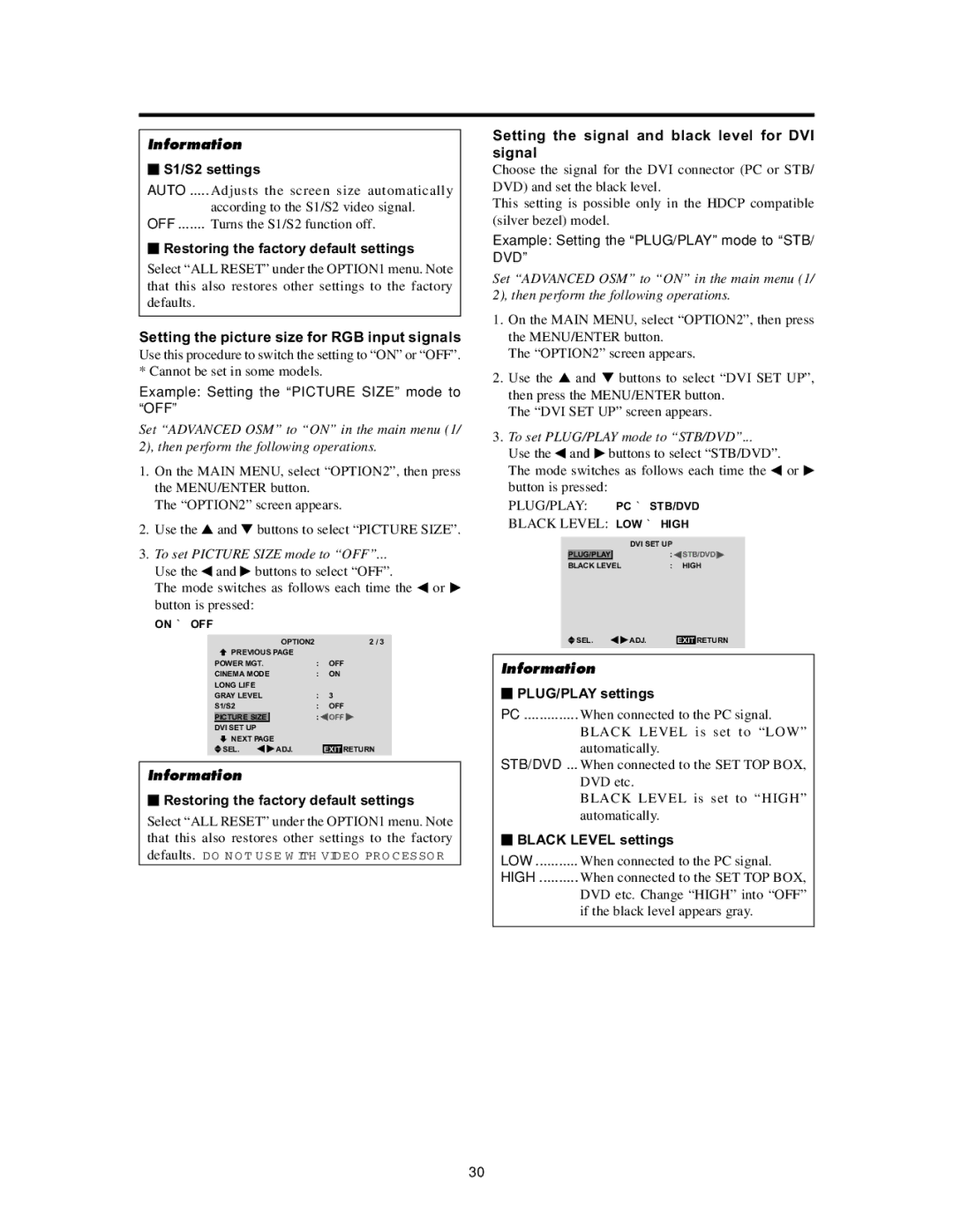 Meridian Audio FPP-50HD20 Setting the picture size for RGB input signals,  S1/S2 settings,  PLUG/PLAY settings 