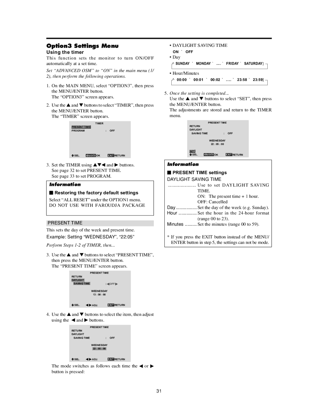 Meridian Audio FPP-42HD20 Option3 Settings Menu, Using the timer,  Present Time settings, Daylight Saving Time 