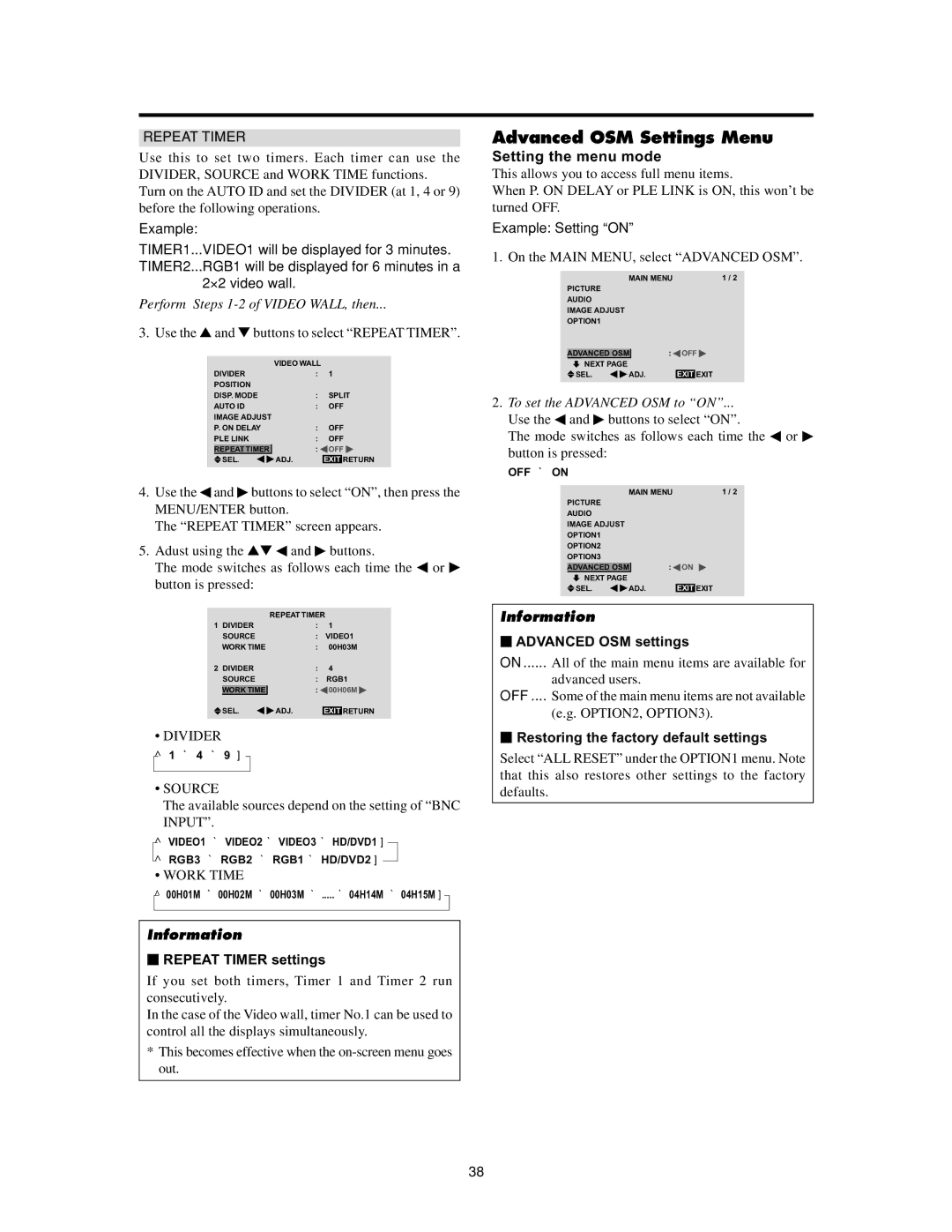 Meridian Audio FPP-61HD20, FPP-50HD20 Advanced OSM Settings Menu, Setting the menu mode,  Repeat Timer settings 