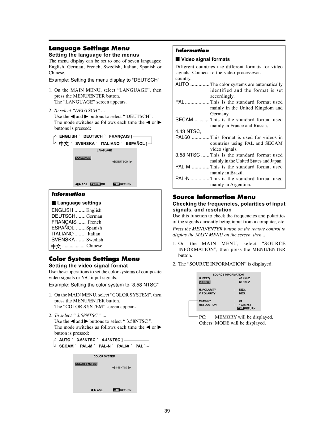 Meridian Audio FPP-50HD20, FPP-42HD20 Language Settings Menu, Color System Settings Menu, Source Information Menu 