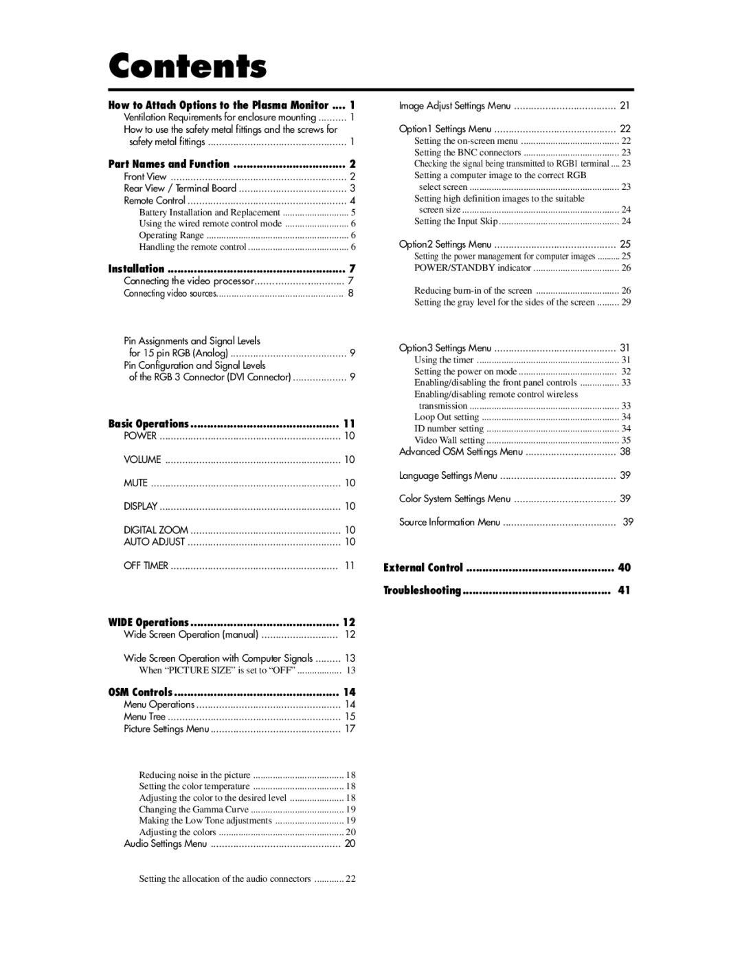 Meridian Audio FPP-50HD20, FPP-42HD20, FPP-61HD20 operation manual Contents 