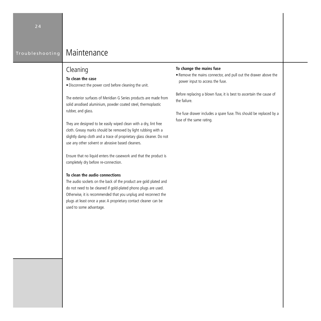 Meridian Audio G Series Maintenance, Cleaning, To clean the case, To clean the audio connections, To change the mains fuse 